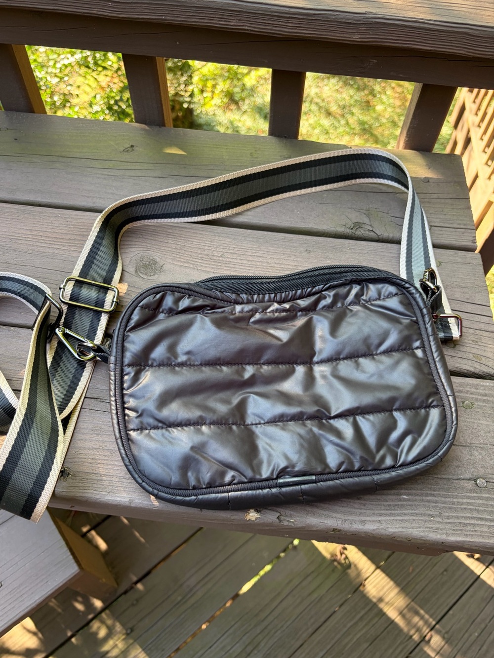 Haute Shore Black Crossbody Bag with Striped Adjustable Strap
